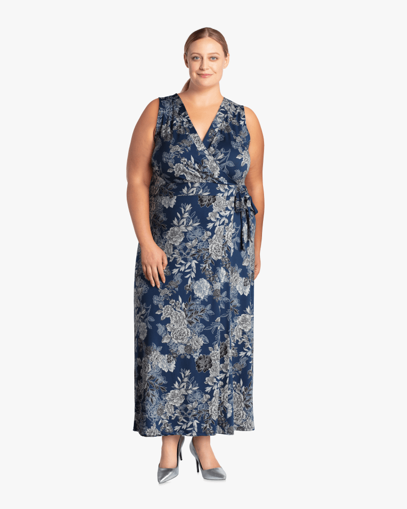 Plus size model with hourglass body shape wearing Juno Faux Wrap Maxi Dress by East Adeline | Dia&Co | dia_product_style_image_id:113542